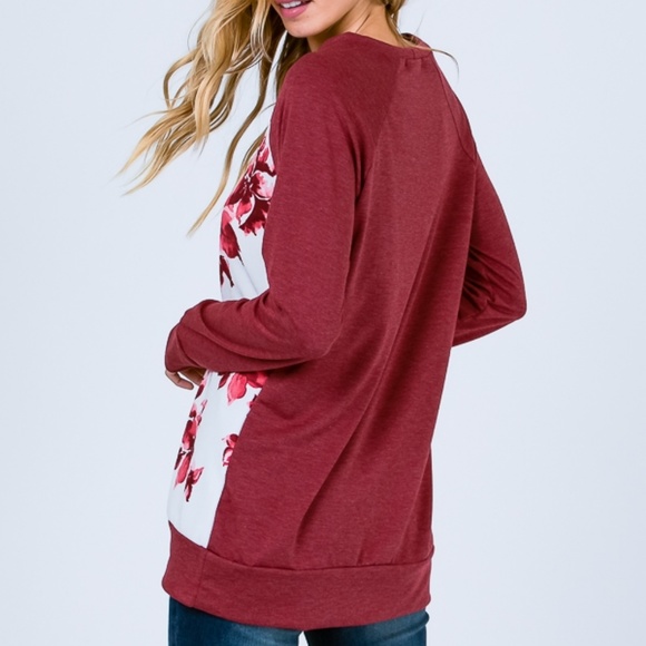 Burgundy raglan sleeve floral print pullover top - Picture 4 of 6